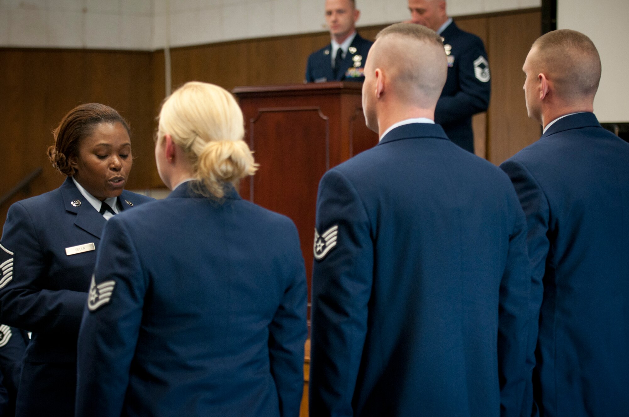 JOINT BASE ANDREWS, Md. -- The 459th Air Refueling Wing held its third Non-comissioned officer and Senior Non-commissioned officer induction ceremony of 2011 in the Wing Auditorium here, Dec. 4, 2011. The induction ceremonies are sponsored by the wing's Top 3 organization and are held at multiple times throughout the year for Airmen who have made the NCO and SNCO ranks. (U.S. Air Force photo/Tech. Sgt. Steve Lewis)