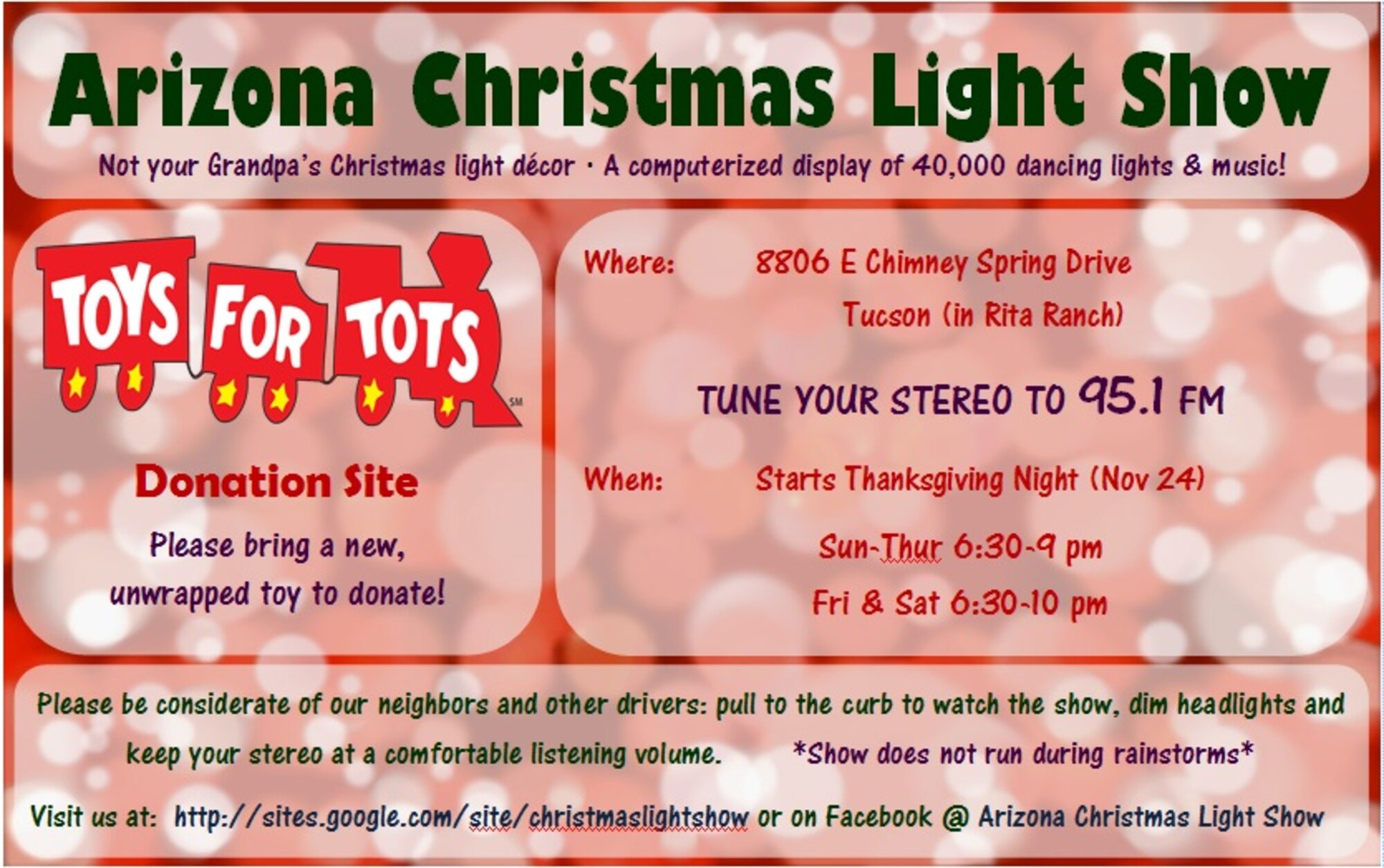 U.S. Air Force 1st Lieutenant Joshua Palochak, 41st Electronic Combat Squadron electronic warfare officer, is running a lightshow at his home from Nov. 24, 2011 until Dec. 31, 2011. Visitors can bring new, unwrapped toys and place them in the Toys for Tots donation box in front of the house. (Courtesy Photo/Released)