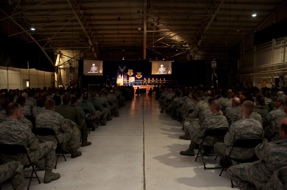 The 133rd Airlift Wing recognized outstanding achievements during the 2011 Recognition Ceremony Dec. 10, 2011, featuring director of the Air National Guard Lt. Gen. Harry M. Wyatt, III. He joined Maj. Gen. Rick Nash, adjutant general of the Minnesota National Guard, and Col. Greg Haase, commander of the 133rd Airlift Wing in the official party at the Wing awards ceremony. Over 1,000 Airmen, family and friend gathered in the North Hangar at the St. Paul Air National Guard base to celebrate the Outstanding Airmen of the Year and other award winners from the past twelve months. U.S. Air Force photo by Senior Airman Jonathan Young (released)