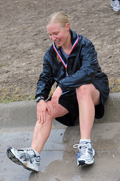 LAUGHLIN AIR FORCE BASE, Texas – 2nd Lt. Jennifer Painter, 47th Operations Support Squadron, takes a break after participating in the second annual Shooting Star Half Marathon and 5K here Dec. 10. About 100 people took part in the race. (U.S. Air Force photo/Senior Airman Scott Saldukas) 