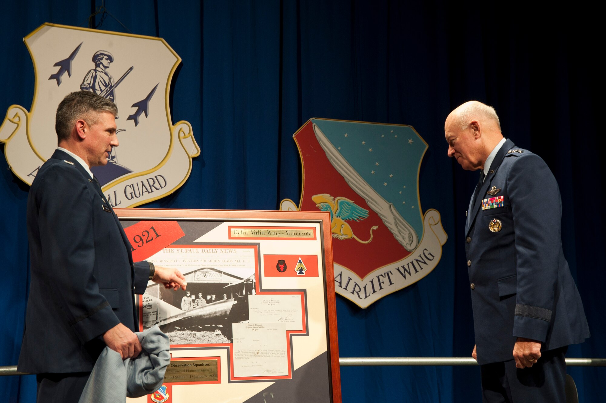 The 133rd Airlift Wing recognized outstanding achievements during the 2011 Recognition Ceremony Dec. 10, 2011, featuring director of the Air National Guard Lt. Gen. Harry M. Wyatt, III. He joined Maj. Gen. Rick Nash, adjutant general of the Minnesota National Guard, and Col. Greg Haase, commander of the 133rd Airlift Wing in the official party at the Wing awards ceremony. Over 1,000 Airmen, family and friend gathered in the North Hangar at the St. Paul Air National Guard base to celebrate the Outstanding Airmen of the Year and other award winners from the past twelve months. U.S. Air Force photo by Tech. Sgt. Erik Gudmundson (released)