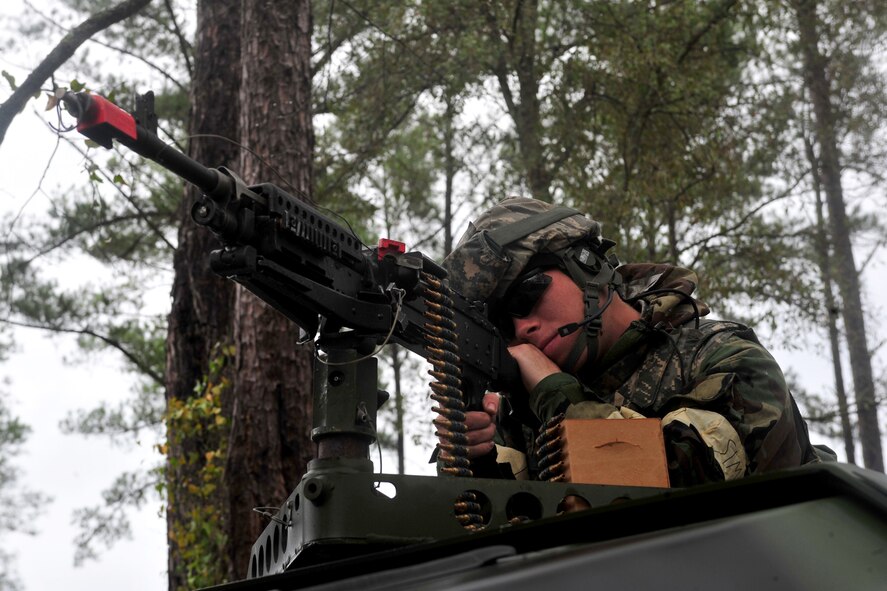 U.S. Air Force Airman 1st Class Jacob Haskins, 23rd Security Forces Squadron patrolman, secures his sector during a phase II operational readiness exercise at Moody Air Force Base, Ga., Dec. 7, 2011. Security forces secured Forward Operating Base Tiger by maintaining 360-degree security and controlling the entry control point. (U.S. Air Force photo by Staff Sgt. Stephanie Mancha/Released)
