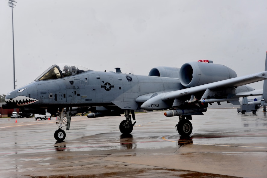 A U.S. Air Force A-10C Thunderbolt II taxis to an aircraft ramp after a mission during a phase II operational readiness exercise at Moody Air Force Base, Ga., Dec. 7, 2011. The A-10 can maneuver at low air speeds and altitude, and has a highly accurate weapons-delivery platform. (U.S. Air Force photo by Staff Sgt. Stephanie Mancha/Released)
