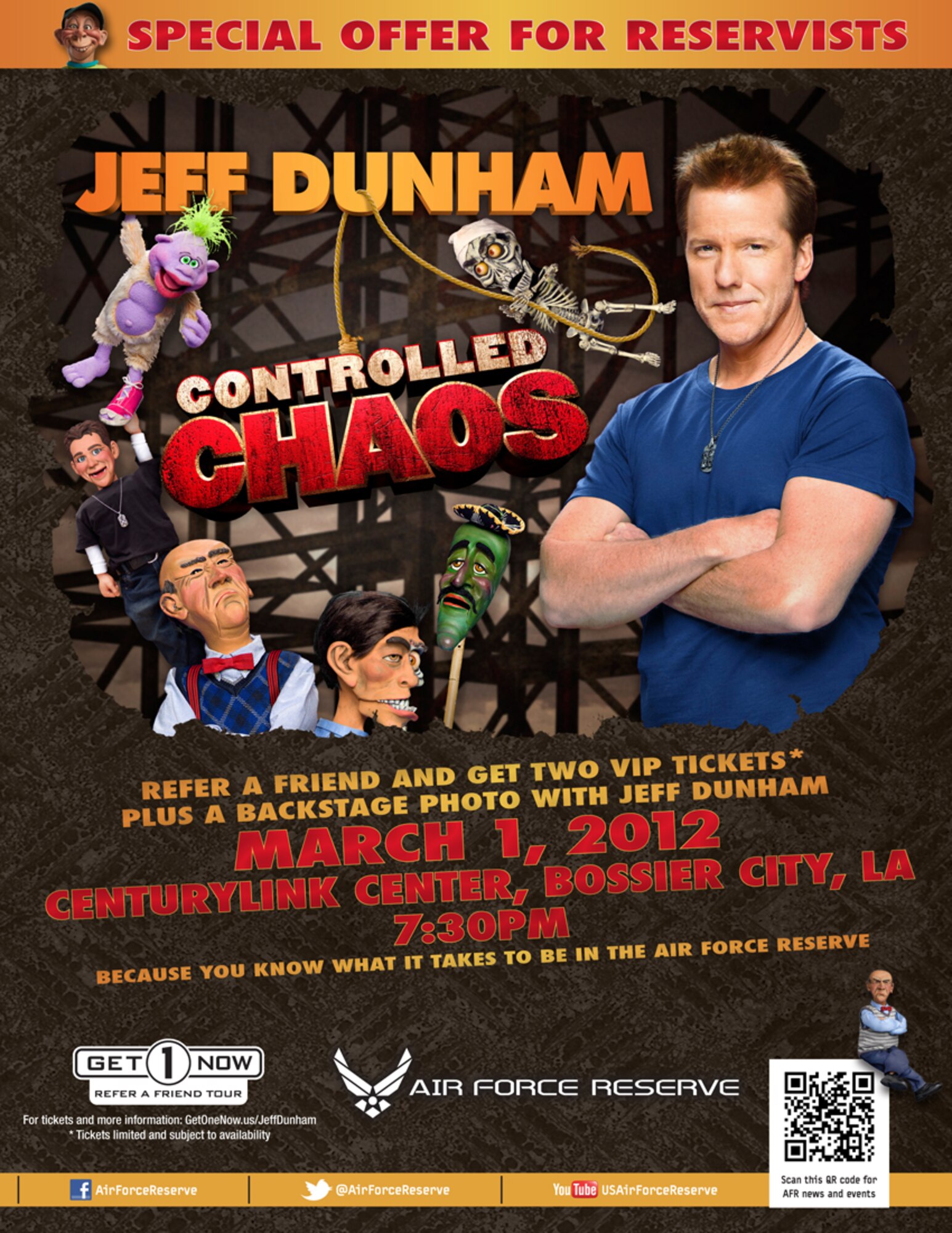 Soecial Offer for Reservists - Jeff Dunham concert, Mar.1, 2011, at the Centurylink Center, Bossier City, La. 