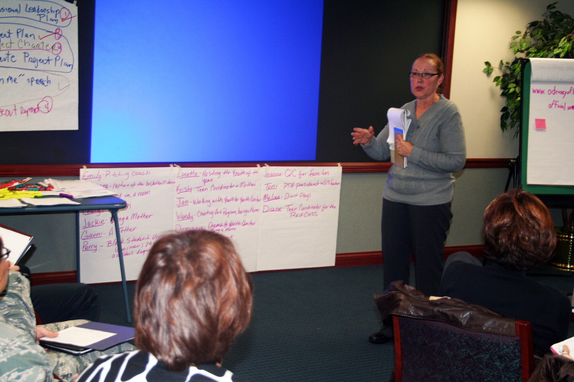 Wendy Jones, youth coordinator from Dover Air Force Base, Del., gives a presentation during advanced leadership training at Headquarters Air Mobility Command at Scott AFB, Ill., on Dec. 8, 2011. The training, led by AMC Headquarters with the Boys and Girls Clubs of America, was designed to "help youth and teen centers to move their programs from just being good to being great." The training, officials say, also falls in line with AMC's Comprehensive Airman Fitness culture of helping Airmen, Air Force civilians and family members become more resilient and better-equipped to deal with the rigors of military life. (U.S. Air Force Photo/Master Sgt. Scott T. Sturkol)