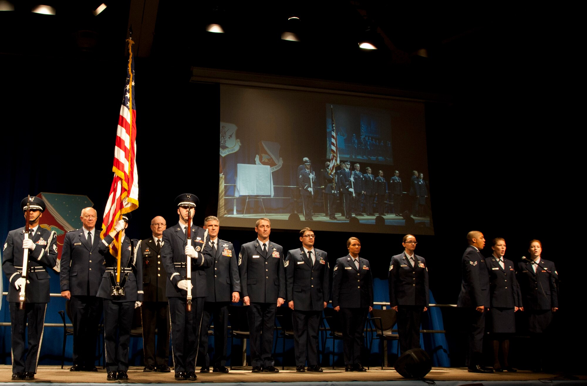 The 133rd Airlift Wing celebrated outstanding achievements during the 2011 Wing Recognition Ceremony Dec. 10, 2011, featuring director of the Air National Guard Lt. Gen. Harry M. Wyatt, III. He joined Maj. Gen. Rick Nash, adjutant general of the Minnesota National Guard, and Col. Greg Haase, commander of the 133rd Airlift Wing in the official party at the ceremony. Over 1,000 Airmen, family and friends gathered in the North Hangar at the St. Paul Air National Guard base to celebrate the Outstanding Airmen of the Year and other award winners from the past twelve months. U.S. Air Force photo by Tech. Sgt. Erik Gudmundson
