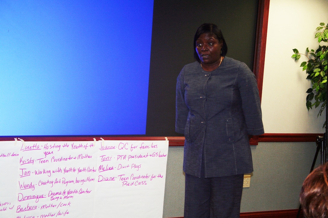 Loretta Gaines, youth coordinator from MacDill Air Force Base, Fla., gives a presentation during advanced leadership training at Headquarters Air Mobility Command at Scott Air Force Base, Ill., on Dec. 8, 2011. The training, led by AMC Headquarters with the Boys and Girls Clubs of America, was designed to "help youth and teen centers to move their programs from just being good to being great." The training, officials say, also falls in line with AMC's Comprehensive Airman Fitness culture of helping Airmen, Air Force civilians and family members become more resilient and better-equipped to deal with the rigors of military life. (U.S. Air Force Photo/Master Sgt. Scott T. Sturkol)