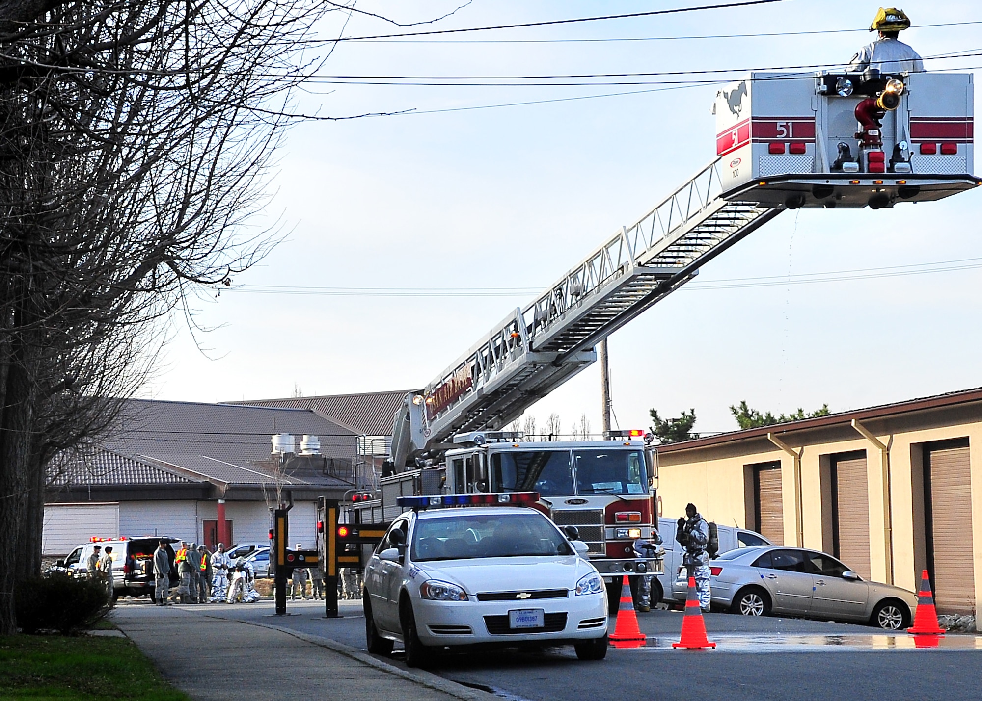 During an Emergency Management Exercise, Osan responders reacted to suspicious bomb making materials with foreign markings, found during a dorm inspection, here, Dec. 12, 2011.  The dorm was evacuated and occupants were sent to the Emergency room for screening.  The exercise gave Osan responders a chance to shine while responding to a very possible scenario.  (U.S. Air Force photo/Staff Sgt. Daylena Gonzalez)