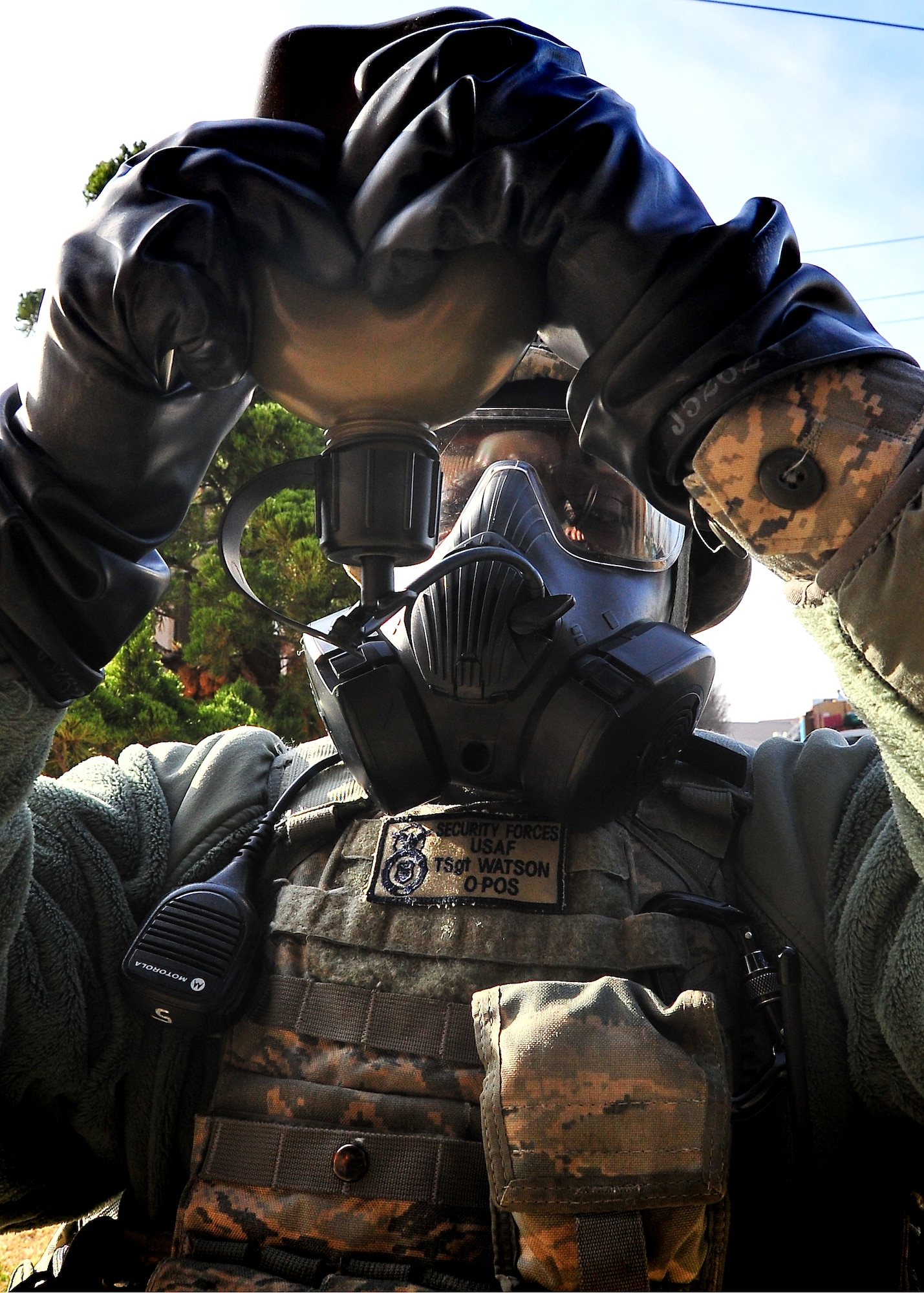 51st Security Forces Squadron, Tech. Sgt. Watson takes a minute to hydrate, during an Emergency Management Exercise.  Osan responders reacted to suspicious bomb making materials with foreign markings, found during a dorm inspection, here, Dec. 12, 2011.  The dorm was evacuated and occupants were sent to the Emergency room for screening.  The exercise gave Osan responders a chance to shine while responding to a very possible scenario.  (U.S. Air Force photo/Staff Sgt. Daylena Gonzalez)