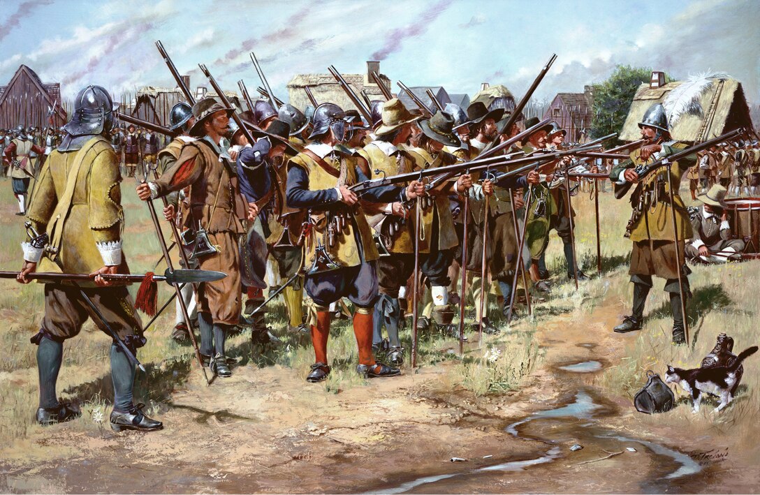 This illustration depicts the first muster of Massachusetts Bay Colony militia in the spring of 1637. This event took place after the Massachusetts General Court on Dec. 13, 1636 established three regiments within the colony to defend against enemy attack and preserve settlements. National Guard Bureau Illustration