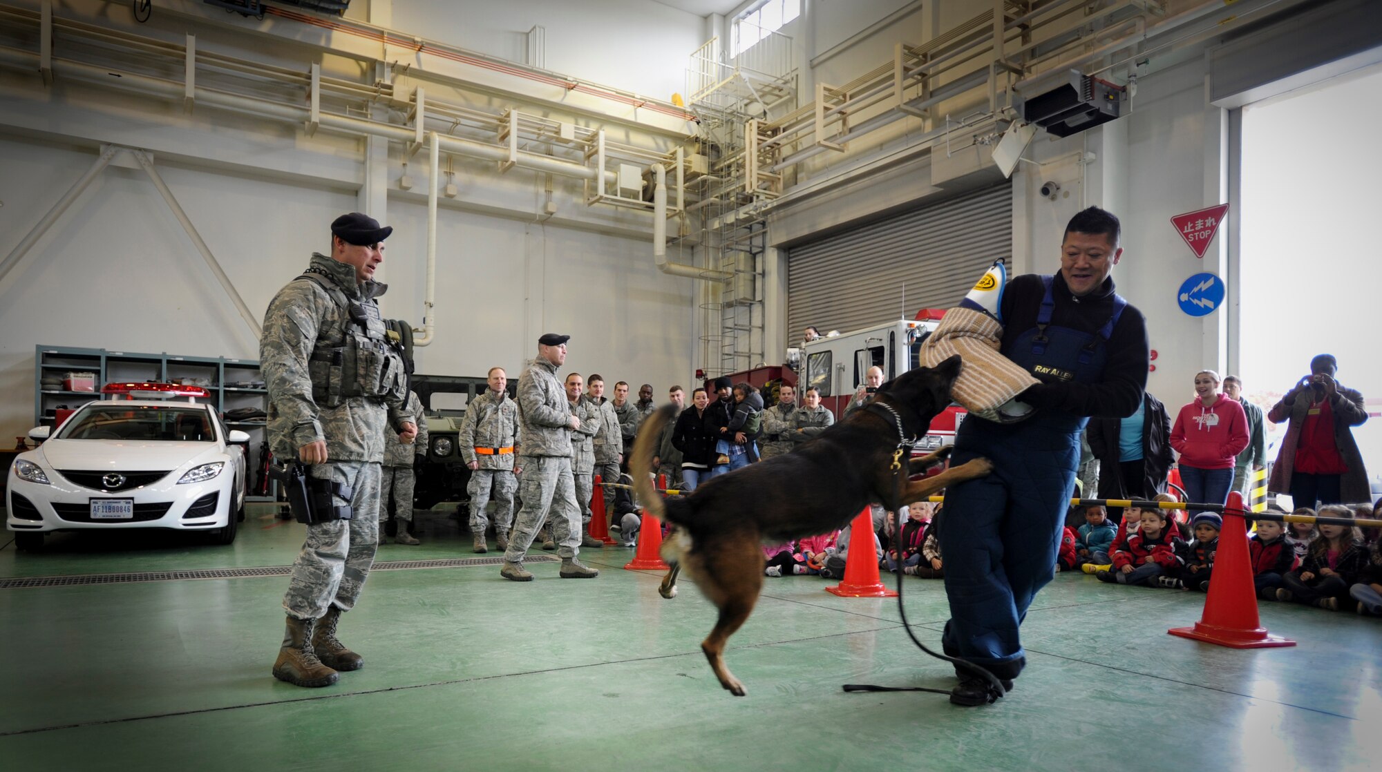 YOKOTA AIR BASE, Japan -- Staff Sgt. Carlos Sanchez and Naokazu Tajika dog handlers, 374th Security Forces Squadron demonstrate their dog's capabilities for children from the Kibo child development center on Yokota Air Base, Japan Dec. 2, 2011. The demonstration was just one part of the field trip to the vehicle operations center where the kids were able to see different vehicles from around base. (U.S. Air Force photo by/ Staff Sgt Stacy Moless)   