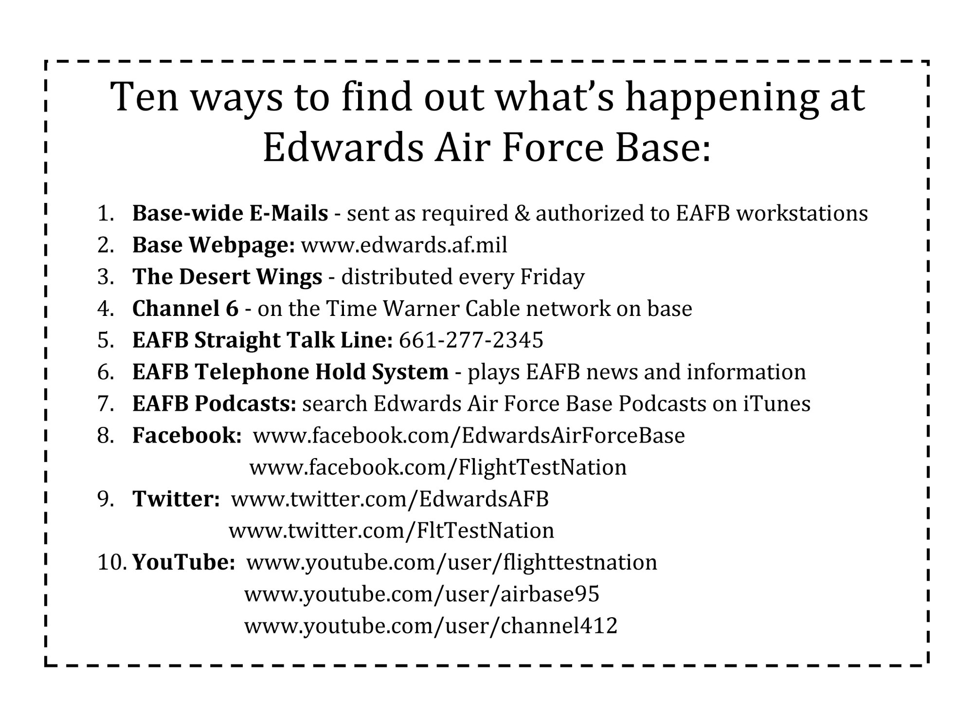 Stay in touch with the Edwards community by sending and receiving information through these channels. (U.S. Air Force graphic by Mike Strickler) 