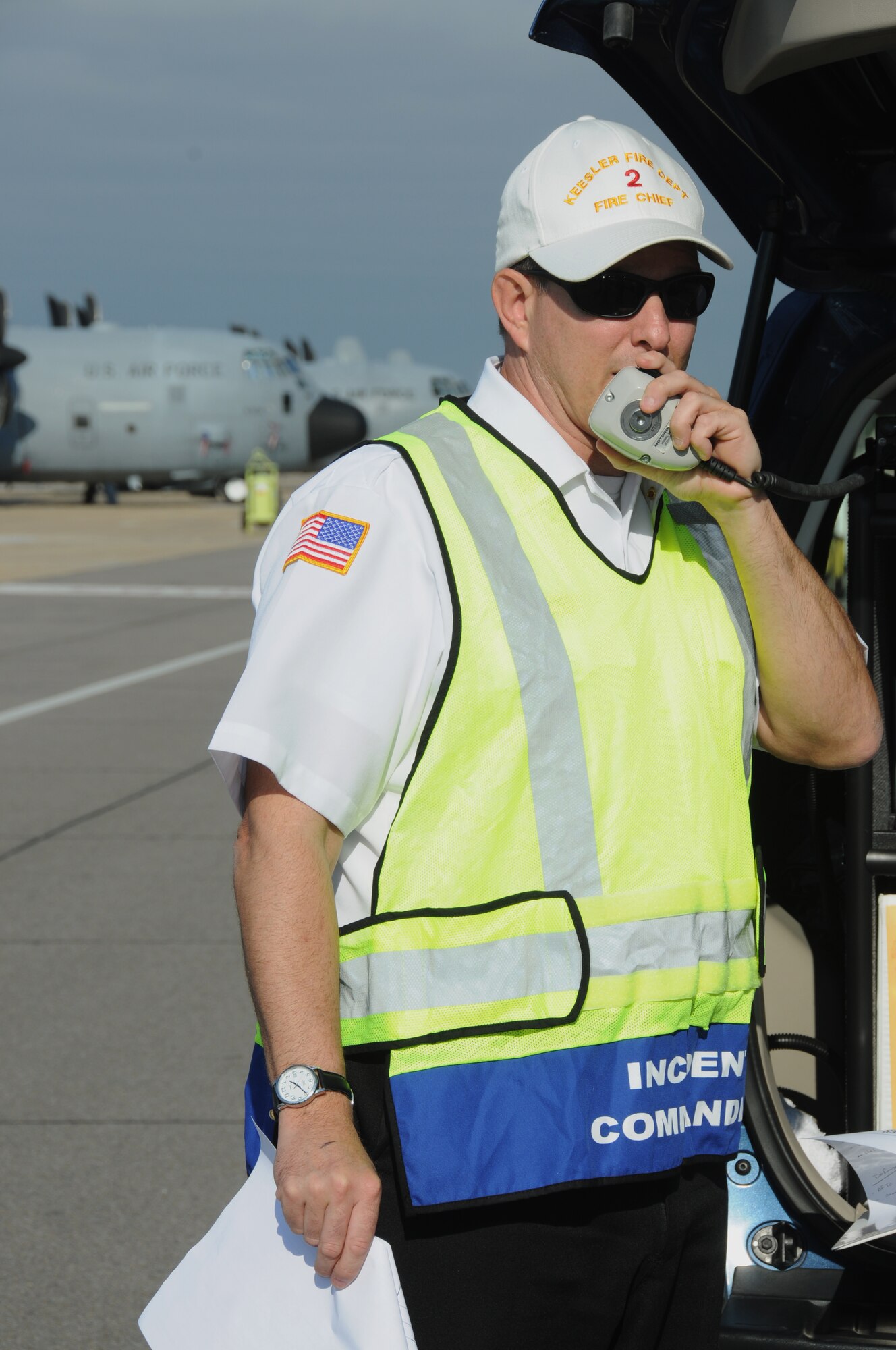 Chief James Donnett, Keesler Fire Department, is the incident commander during an anti-hijacking exercise on the flightline at Keesler Air Force Base, Miss., Dec. 12, 2011.  (U.S. Air Force photo by Kemberly Groue)