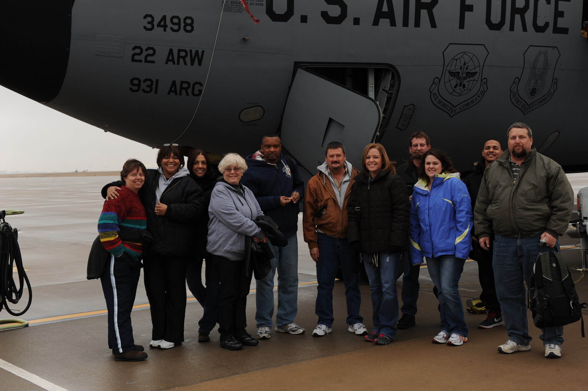Several civilian employees of the 931st Air Refueling Group and the 22nd Air Refueling Wing, McConnell Air Force Base, Kan., were given the opporunity to take a ride on a KC-135 Stratotanker, Dec. 12.  The incentive flight included an air refueling and was conducted by the 931st Air Refueling Group as a way to thank the civilian personnel who work on the base and provide vital support to the 931 ARG and 22 ARW.  (U.S. Air Force photo by Airman 1st Class Maurice Hodges)