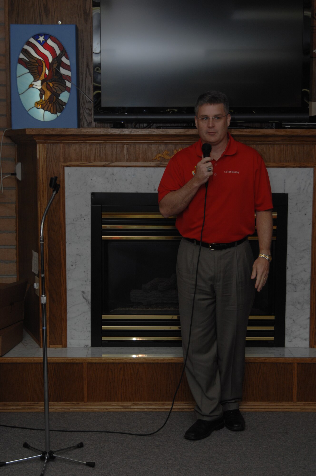 Col. Ron Buckley, 366th Fighter Wing commander, speaks Dec.10, 2011 at the 10th anniversary of the Silvercrest Estates II event. The retirement community donated more than $15,000 as well as approximately 1,000 pounds of food, clothes, toys and 300 blankets to Mountain Home Air Force Base families through Operation Warmheart. (U.S. Air Force photo by Senior Airman Benjamin Sutton) 