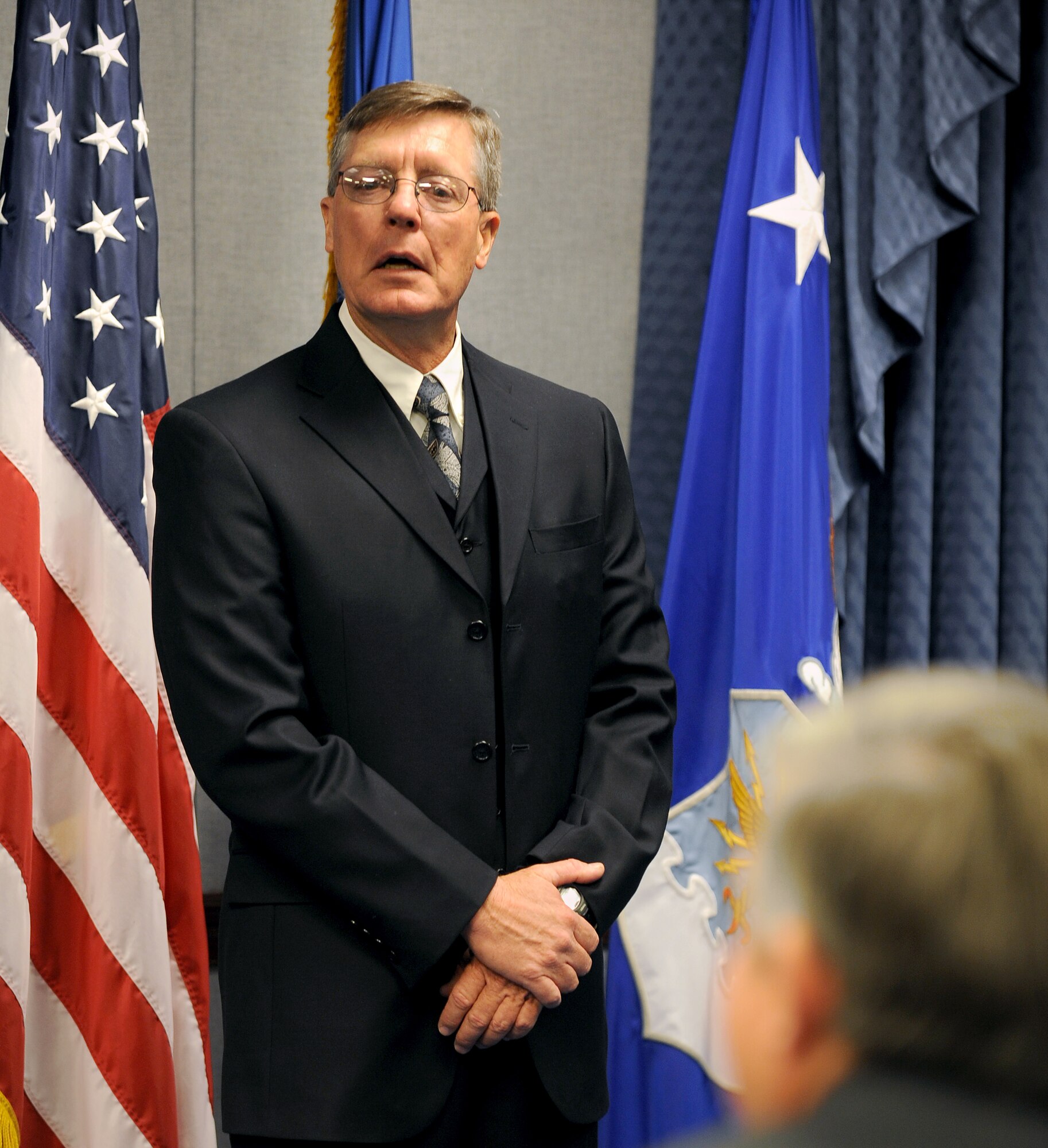 Dr. Michael Hooser, the recipient of the 2011 Harold Brown Award,  addresses the audience during a ceremony held in his honor at the Pentagon, Washington, D.C., Dec. 12, 2011. A chief scientist from Holloman Air Force Base, N.M., Hooser received the award for his role in significant advances in hypersonic missile research. (U.S. Air Force photo/Andy Morataya)