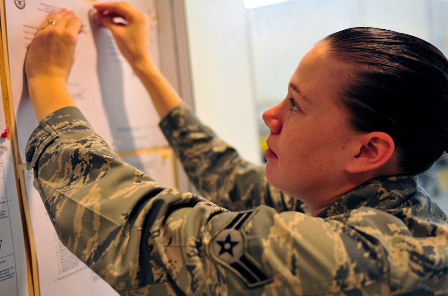 U.S. Air Force Airman 1st Class Jessica Tolar, 20th Equipment Maintenance Squadron aerospace ground equipment flight member, posts a notice on the safety board at the AGE flight building at Shaw Air Force Base, S.C., Dec. 7, 2011. Tolar is the Warrior of the Week for the week of Dec. 12 through 16. (U.S. Air Force photo/Senior Airman Daniel Phelps/Released)