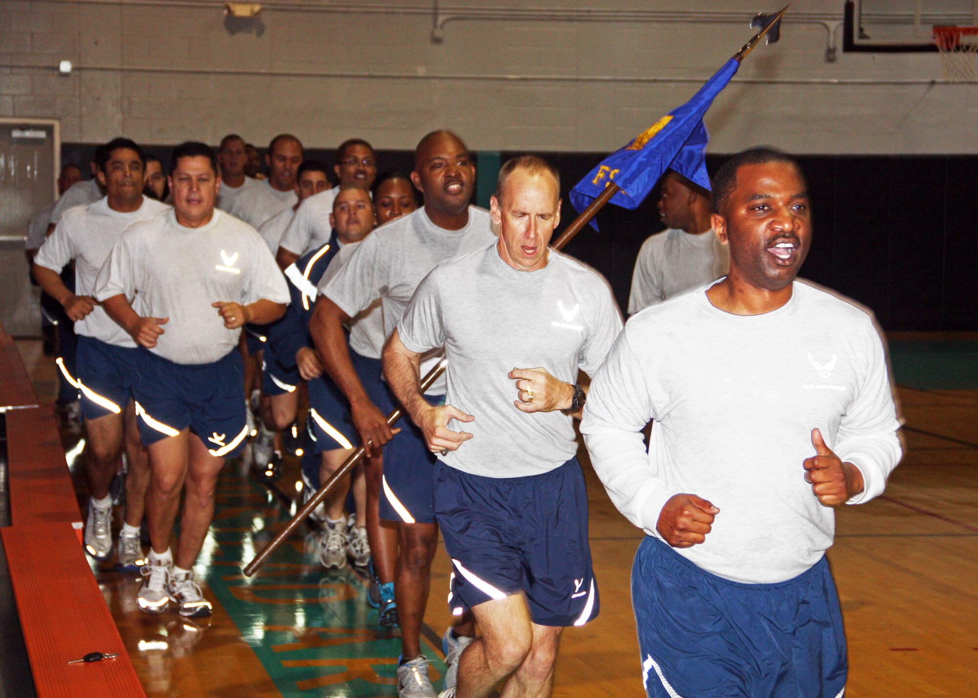 HOMESTEAD AIR RESERVE BASE, Fla. -- Tech. Sgt. Earlvine Fort, 482nd Force Support Squadron, Col. Donald Lindberg, 482nd Fighter Wing Commander, and Chief Master Sgt. Cameron Kirksey, 482nd FW Command Chief, leads the Noncommissioned Officer Leadership Development Course on a run early in the morning, Dec. 13.

Col. Elwin Rozyskie, 482nd Mission Support Group Commander, also participated.

After the run, the colonels addressed the NCO's, telling them that they had support from the commanders on base.  

The Air Force Reserve Command NCOLDC was established in 1989 in response to a need to provide meaningful, challenging leadership training to mid-level enlisted personnel