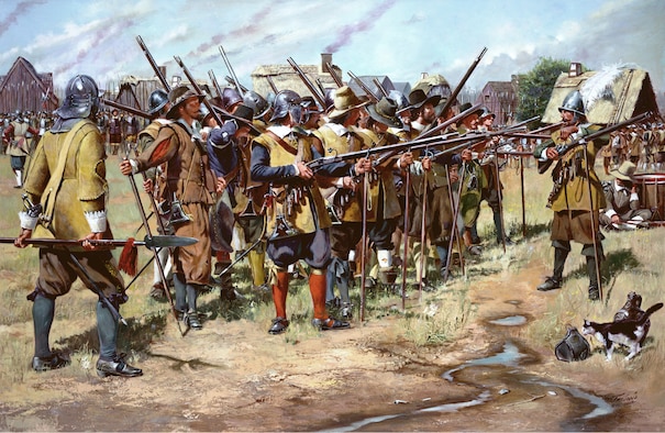 The First Muster in spring 1637; this took place after the December 13, 1636 Massachusetts General Court declaration established three regiments within the colony to defend against enemy attack and preserve settlements, established in the English militia tradition.