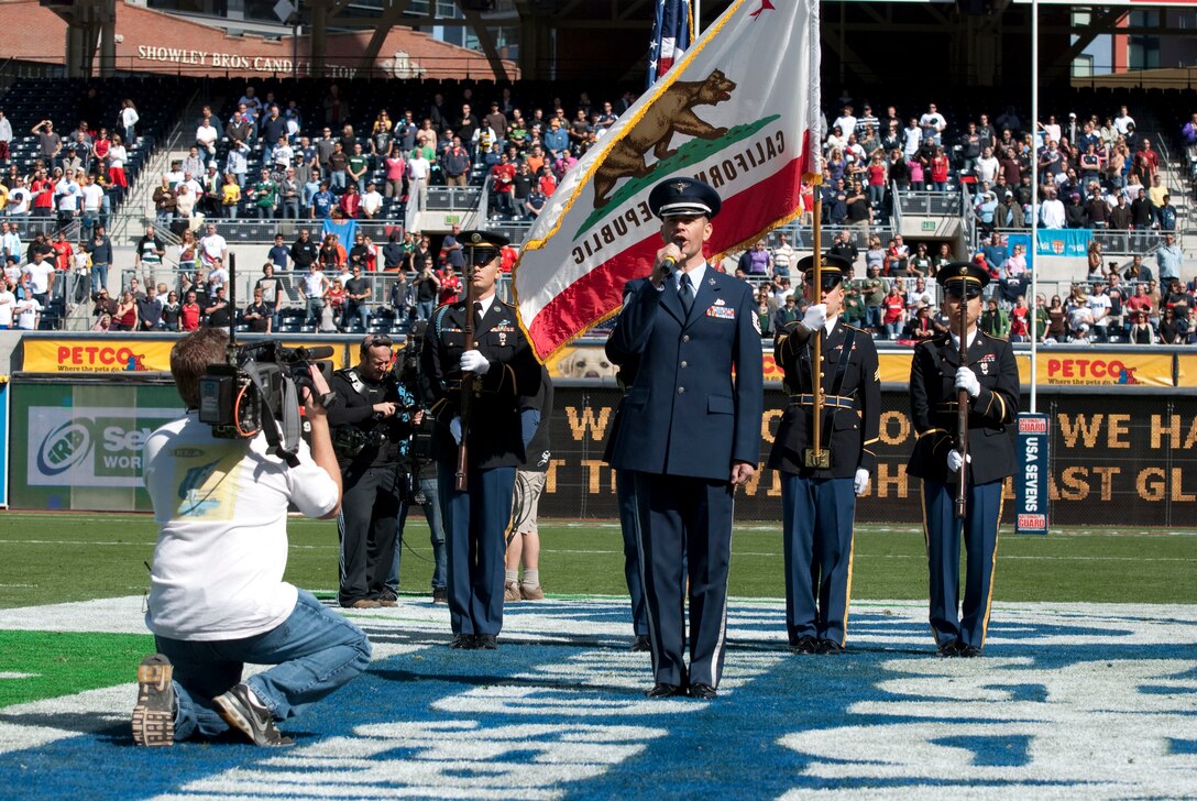 TSgt Daniel Plaster take the national stage representing the Air National Guard and sings the National Anthem on May 29, 2009 at Oakland A's Stadium.