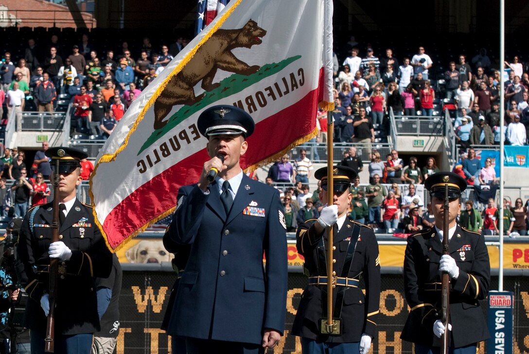 TSgt Daniel Plaster sings the National Anthem on May 29, 2009 at Oakland A's Stadium