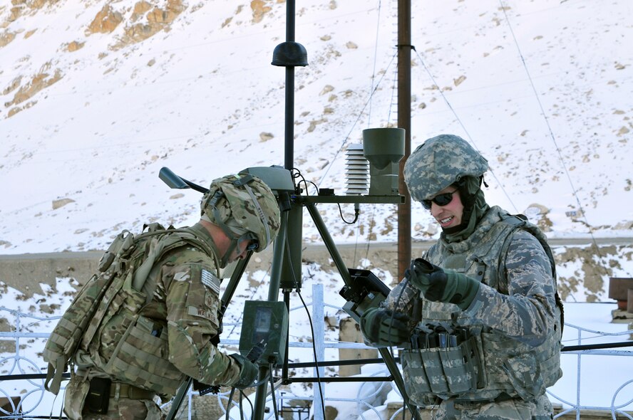 BAGRAM AIRFIELD, Afghanistan -- Senior Master Sgt. Paul Walker, left, a squadron superintendent, and Senior Airman Erik Dowling, a staff weather officer, both assigned to the 19th Expeditionary Weather Squadron, set up a Tactical Meteorological Observing Sensor at the north side of Salang Pass. The sensor will allow the Afghan Air Force to collect atmospheric data and disseminate it to ISAF and to the local Afghan population. (Photo by Army Sgt. 1st Class Luis Saavedra)
