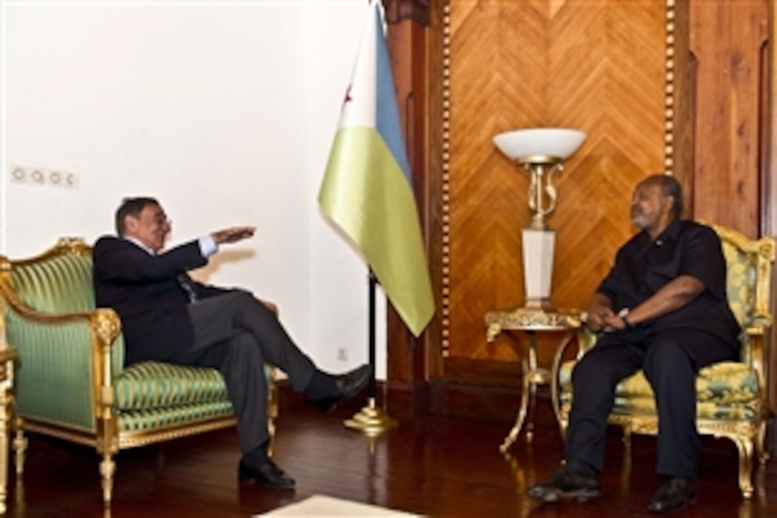 U.S. Defense Secretary Leon E. Panetta, left, meets with Djiboutian President Ismail Omar Guelleh at the presidential palace in Djibouti, Dec. 13, 2011. Panetta thanked Guelleh for his continuing alliance with the United States. 