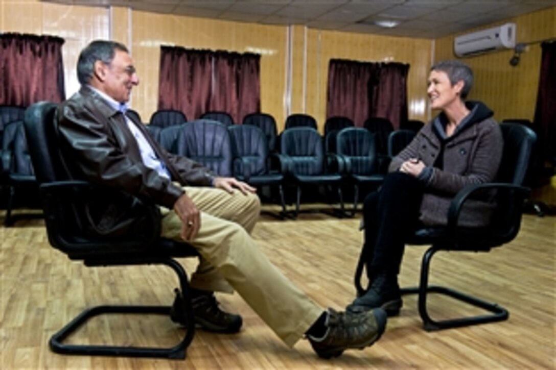 U.S. Defense Secretary Leon E. Panetta talks with Jennifer Griffin of Fox News in Kabul, Afghanistan, Dec. 13, 2011. Griffin interviewed Panetta on a variety of issues, including the U.S.relationship with Pakistan and the planned drawdown of troops in Afghanistan by 2014.