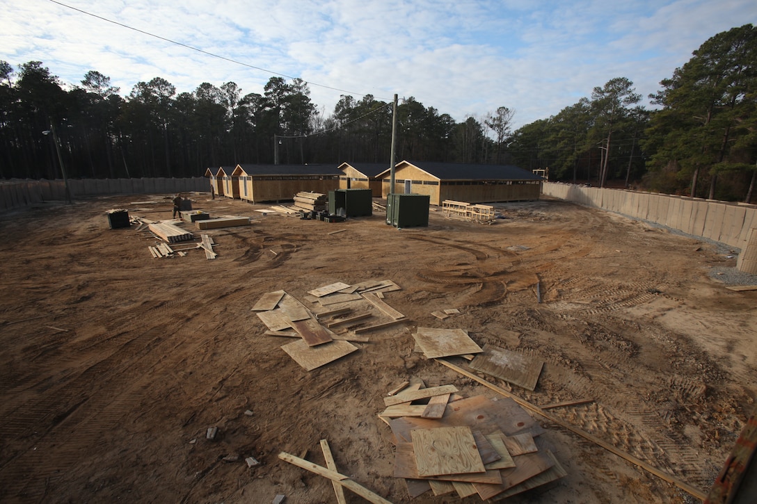The new training forward operating base nears completion at Camp Devil Dog, N.C. Non-infantry graduates of Marine Corps Recruit Depot Parris Island, S.C., train here after recruit training to build on the skills they learned previously. Lessons taught here include patrolling, manning entry control points, digging fighting holes and more.