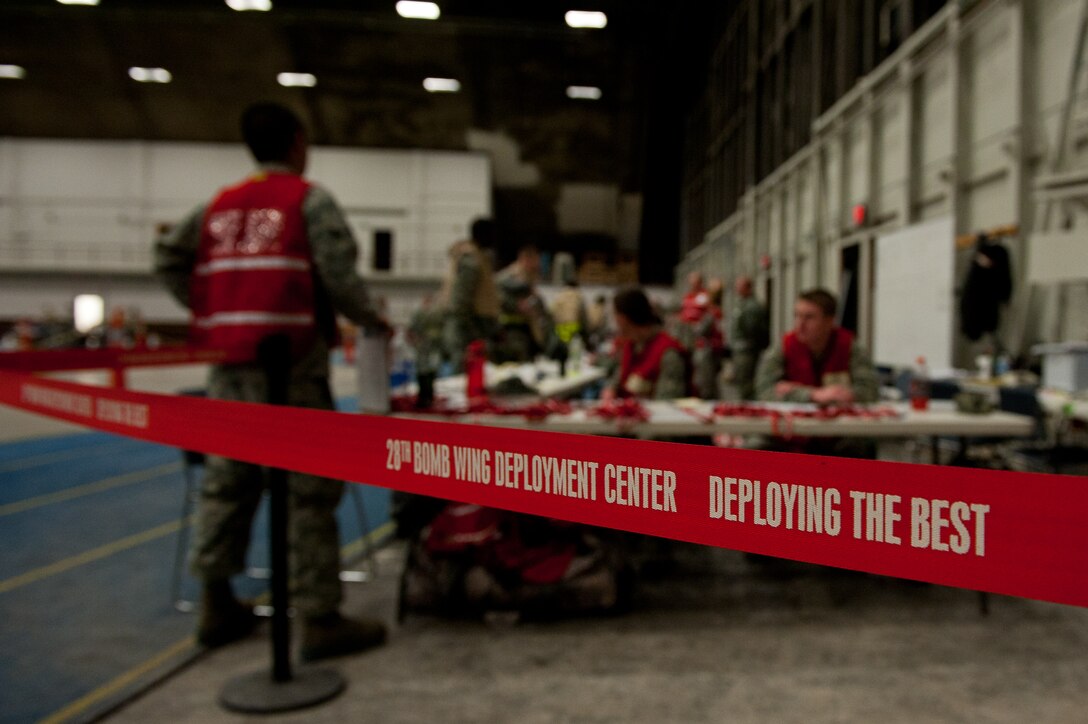 The entrance to the Pride Hangar is sectioned off to ensure security during an Operational Readiness Exercise on Ellsworth Air Force Base, S.D., Dec. 8, 2011. The ORE gave Airmen a chance to practice deployment procedures and better prepare themselves for the upcoming Operation Readiness Inspection, expected to take place in April 2012. (U.S. Air Force photo by Airman 1st Class Kate Thornton/Released)
