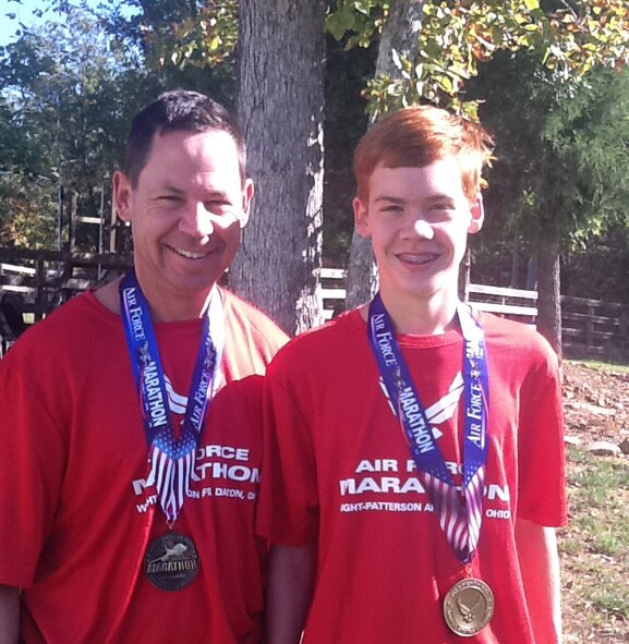 Col. James Hurley, 916th Air Refueling Wing Mission Support Group commander, and his son ran the Air Force Marathon together in 2011. Read more here about how one first sergeant made it her goal to run all three major marathons in 2011. (USAF courtesy photo)