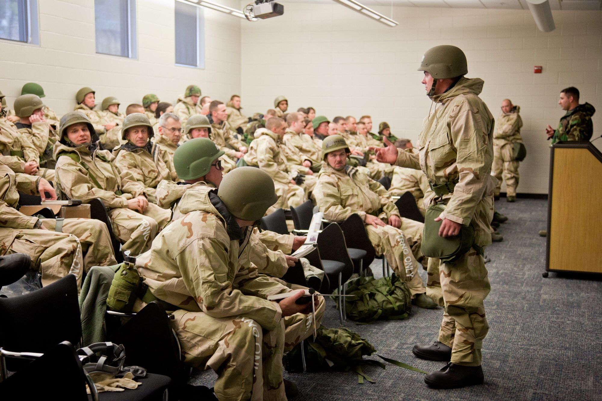 Citizen Airmen of the 934th Airlift Wing receive instructions for combat exercises during Readiness Assistance Visit training during the November unit training assembly.  The 934 AW participated in the RAV, which teaches and reinforces combat skills that would be used in a deployment, to prepare for the wing’s upcoming Operational Readiness Inspection.  (Air Force Photo/Shannon McKay)