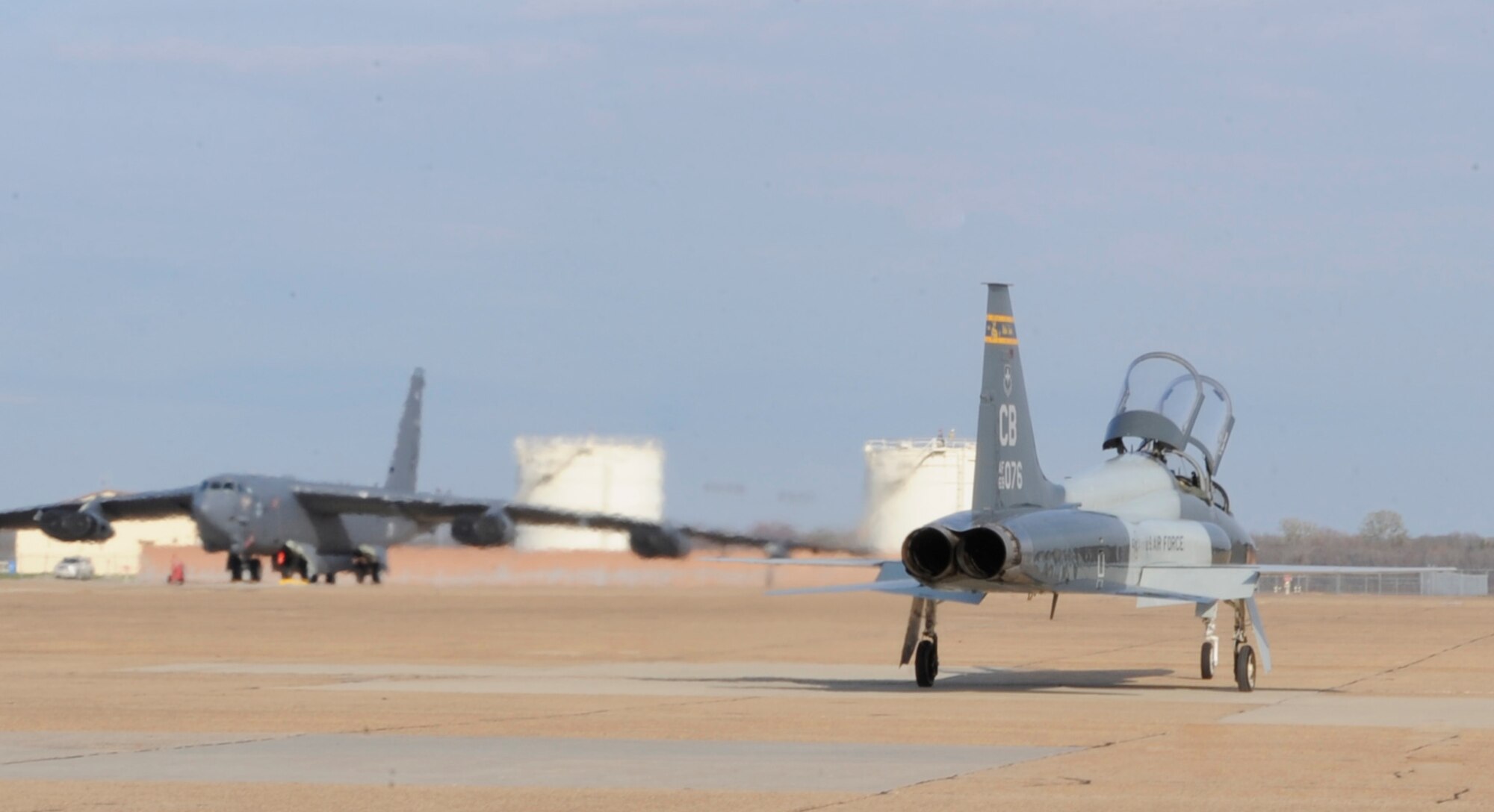 A T-38C Talon training jets taxis across the ramp on Barksdale Air Force Base, La., Dec. 9. An instructor and student pilot flew the T-38 from Columbus Air Force Base, Miss., to Barksdale for a training mission. (U.S. Air Force photo/2nd Lt. Tori Lalich)(RELEASED)