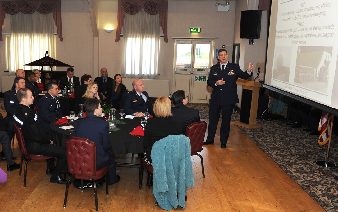 RAF CROUGHTON, United Kingdom - Col. Charles Hamilton, 422nd Air Base Group commander, gives the 422nd ABG mission brief during the group's Honorary Commander Induction Ceremony. (U.S. Air Force photo by Tech. Sgt. John Barton) 