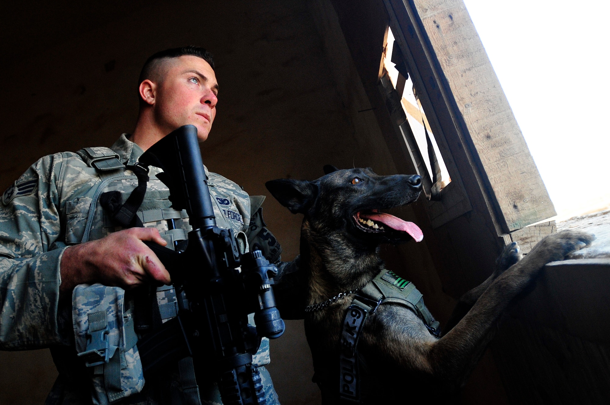 Senior Airman Stephen Hanks, 447th Expeditionary Security Forces Squadron military working dog handler, and Geri, 447th ESFS patrol and explosive detector dog, look through a window while securing an abandoned building on a routine patrol on Sather Air Base in Baghdad, Iraq, Dec. 11, 2011. For the last six months Geri and Hanks, have been supporting Operation New Dawn by providing explosive and psychological deterrence. Hanks and Geri are deployed from Patrick Air Force Base, Fla. Hanks is from Amherst, Mass. (U.S. Air Force photo/Master Sgt. Cecilio Ricardo)