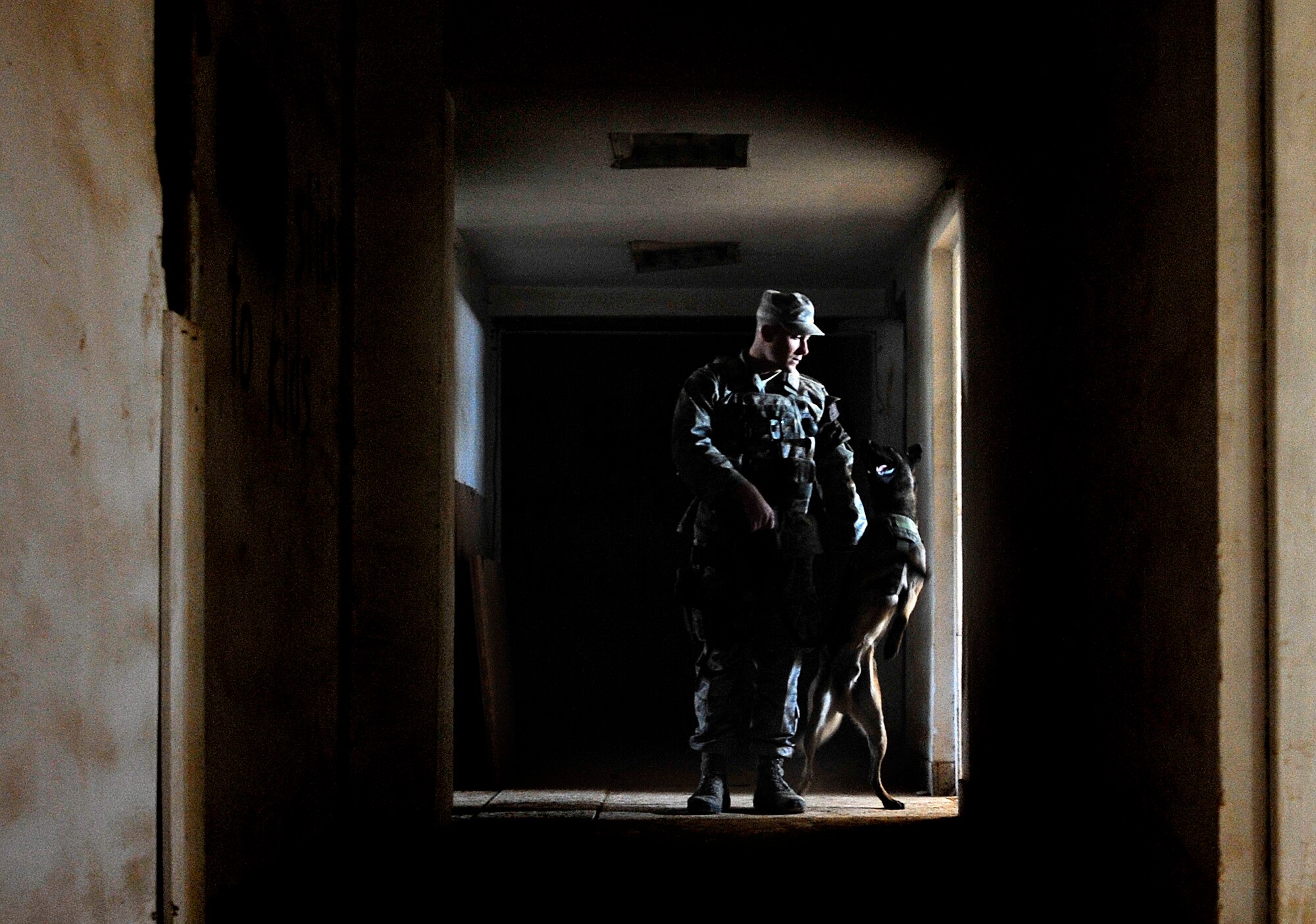 Senior Airman Stephen Hanks, 447th Expeditionary Security Forces Squadron military working dog handler, and Geri, 447th ESFS patrol and explosive detector dog, secure an abandoned building on a routine patrol by checking the location for explosives or squatters on Sather Air Base in Baghdad, Iraq, Dec. 11, 2011. For the last six months Geri and Hanks, have been supporting Operation New Dawn by providing explosive and psychological deterrence. Hanks and Geri are deployed from Patrick Air Force Base, Fla. Hanks is from Amherst, Mass. (U.S. Air Force photo/Master Sgt. Cecilio Ricardo)