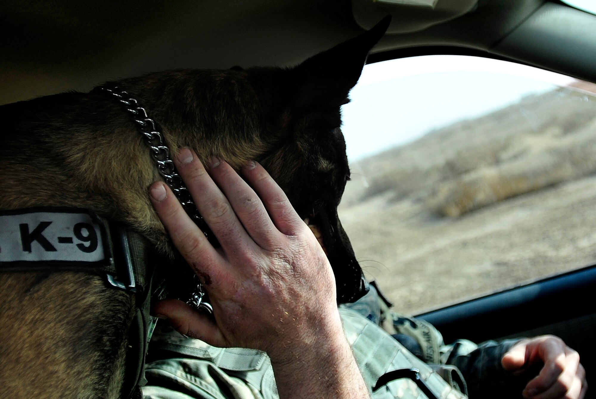 Senior Airman Stephen Hanks, 447th Expeditionary Security Forces Squadron military working dog handler, pets Geri, 447th ESFS patrol and explosive detector dog, while patrolling the perimeter of Sather Air Base in Baghdad, Iraq, Dec. 11, 2011. Hanks' hand bears scratches from playing with Geri. For the last six months Geri and Hanks, have been supporting Operation New Dawn by providing explosive and psychological deterrence. Hanks and Geri are deployed from Patrick Air Force Base, Fla. Hanks is from Amherst, Mass. (U.S. Air Force photo/Master Sgt. Cecilio Ricardo)