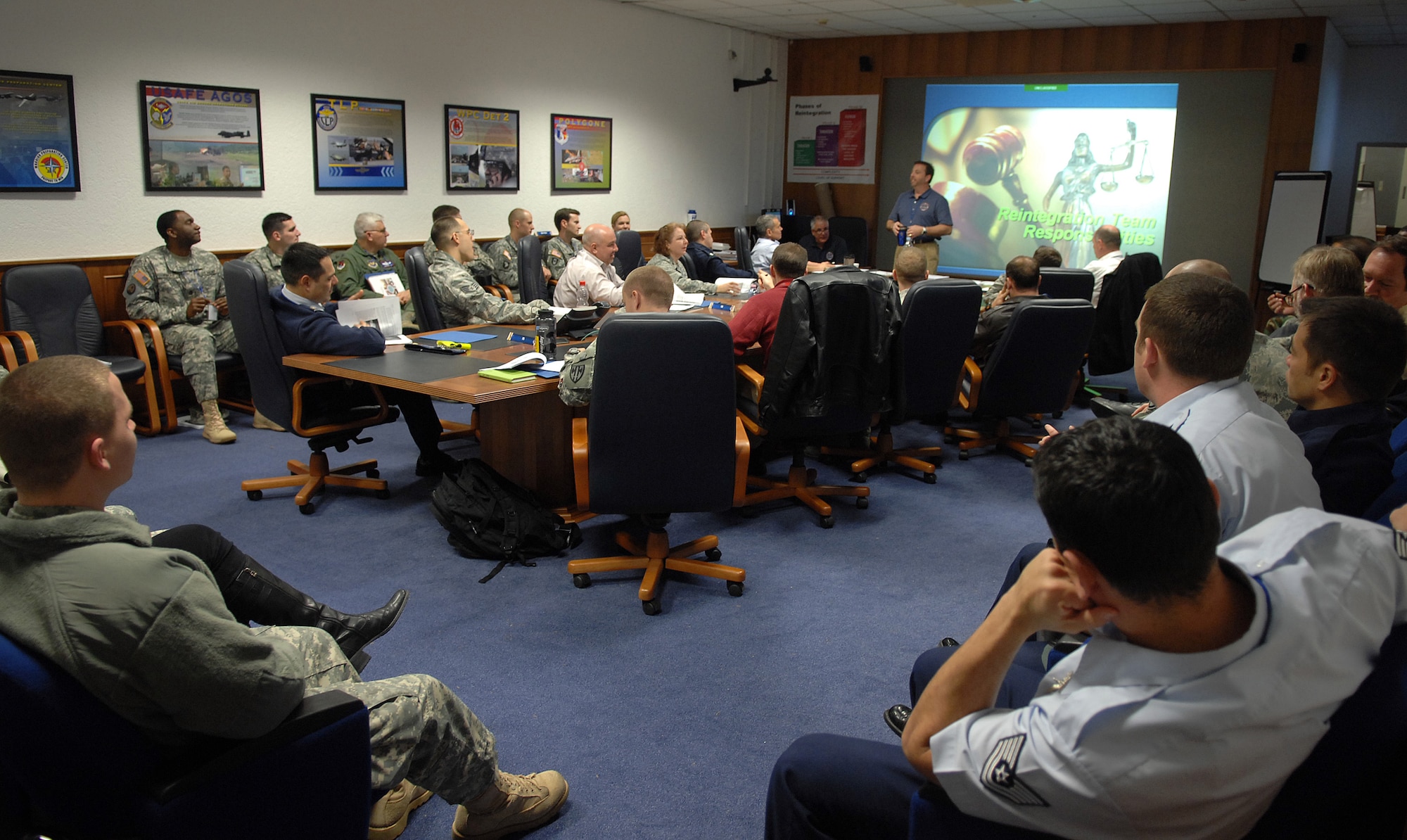 EINSIEDLERHOF, Germany – Service members and civilians attended reintegration team responsibility training at the Warrior Preparation Center here Dec. 12. A Joint Personnel Recovery Agency mobile training team trained more than 175 people between Dec. 5 and Dec. 14. The goal of reintegration is to attend to the needs of a returnee and to gather information about the event. Photo by Chief Master Sgt. David Richards, USAF (Released)