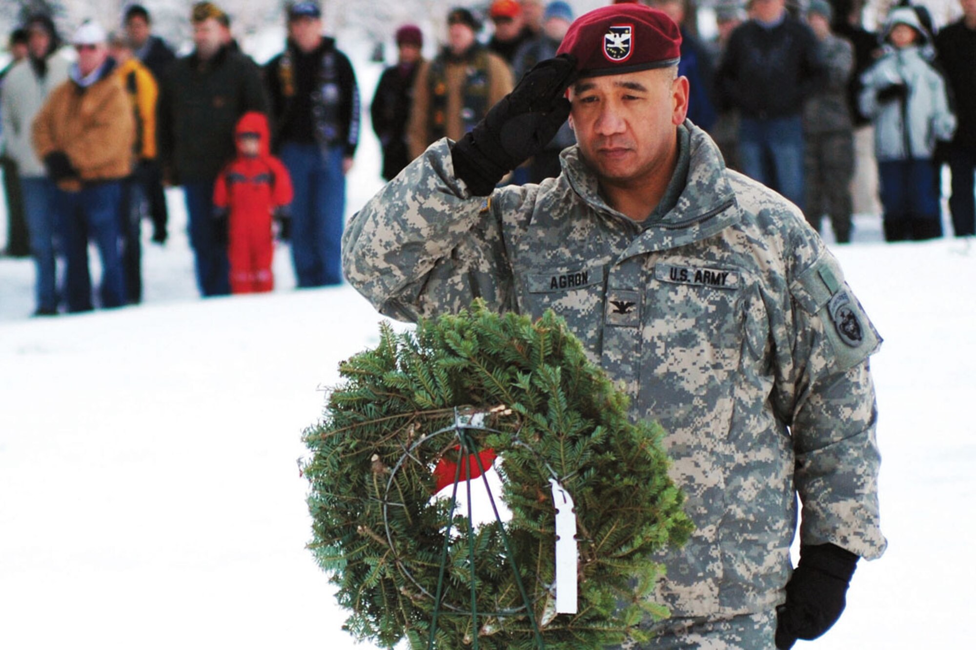 Army Col. Gary  Agron, U.S. Army Alaska chief of staff, places a wreath on behalf of USARAK. (U.S. Army photo/Staff Sgt. Matthew E. Winstead/U.S. Army Alaska Public Affairs)