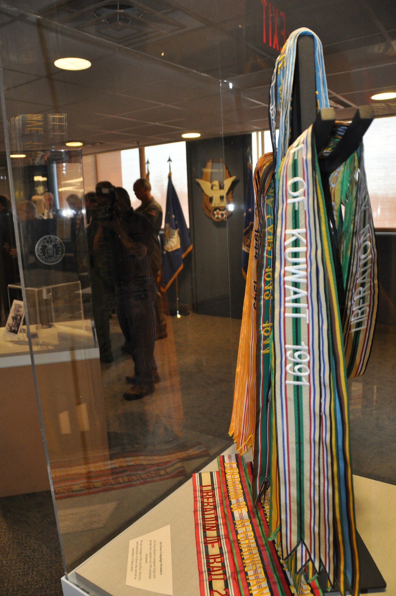 The Heritage Hall includes a display containing campaign streams earned by Air Force Reserve Command assigned wings and groups. According to command historians, AFRC units have earned more than 180 campaign streamers. (U.S. Air Force photo/Philip Rhodes)