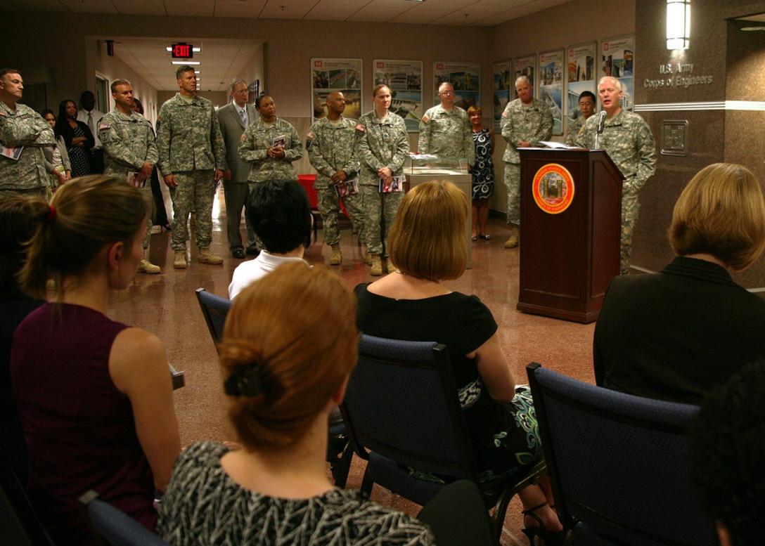 WASHINGTON, D.C. — Maj. Gen. Jeffrey Dorko, Deputy Commanding General for Military and International Operations for the U.S. Army Corps of Engineers addresses USACE Soldiers and civilian employees gather at the headquarters building, June 16, 2011 for the Engineer Regimental Muster Ceremony celebrating the 236th Army Engineer birthday. During the ceremony the USACE staff had a moment of silence for the 346 fallen Engineers since OEF/OIF.
The Muster roll is a register of the officers and men in a military unit or ship's company. In the broadest terms the Muster is a gathering for service, review, inspection or roll call. In American, the Military Muster dates back to 1637 when there was no organized or standing army. The Muster was a periodic gathering of local militia during which all able-bodied free males reported to a central location to be enrolled or answer the roll call and receive training. The Muster "Alert" is still used on Army installations today. (U.S. Army Corps of Engineers photo by F.T. Eyre)
