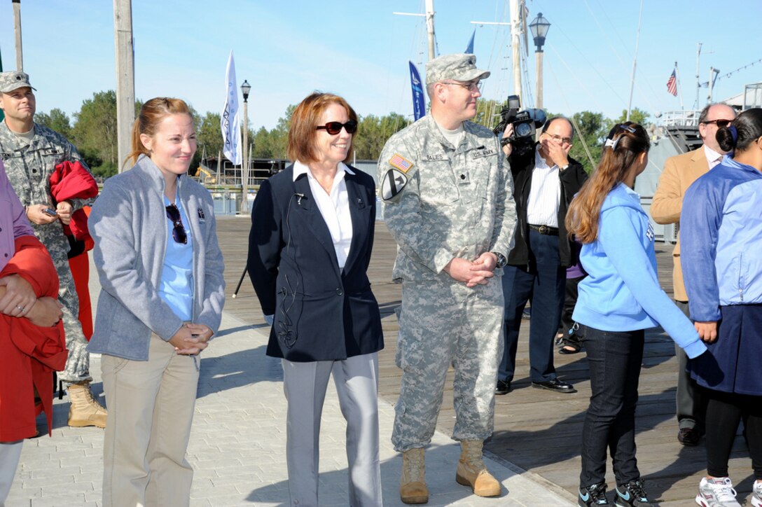 NEW YORK — Assistant Secretary of the Army for Civil Works, Ms. Jo-Ellen Darcy and Lt. Col Stephen H. Bales, U.S. Army Corps of Engineers Buffalo District commander, address students about the importance of getting outdoors, Sept. 15, 2011. (U.S. Army Corps of Engineers photo by Ken Winters)