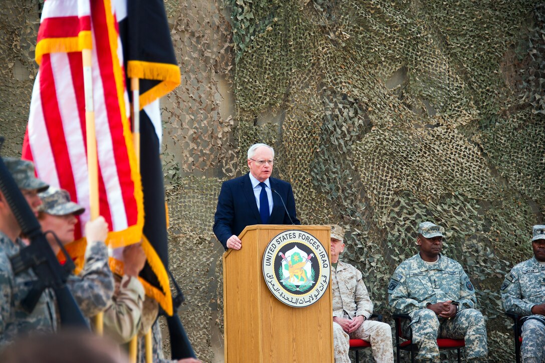 U.S. Ambassador to Iraq James F. Jeffrey addresses the crowd during the ceremony marking the end of the U.S. military mission in Iraq on Sather Air Force Base, Baghdad, Dec. 15, 2011.
