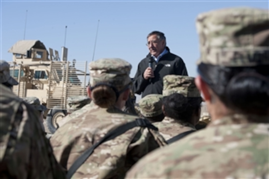 Secretary of Defense Leon E. Panetta speaks to troops with the 172nd Infantry Brigade at forward operation base Sharana, Afghanistan, on Dec. 14, 2011.  