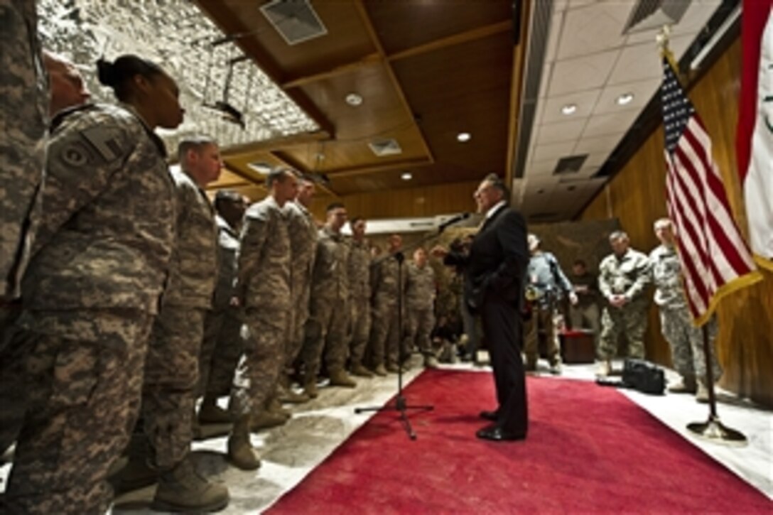 U.S. Defense Secretary Leon E. Panetta speaks to troops after a ceremony marking the end of the U.S. mission in Iraq in Baghdad, Dec. 15, 2011. Panetta told troops that they would leave Iraq knowing that their sacrifice helped the Iraqi people.