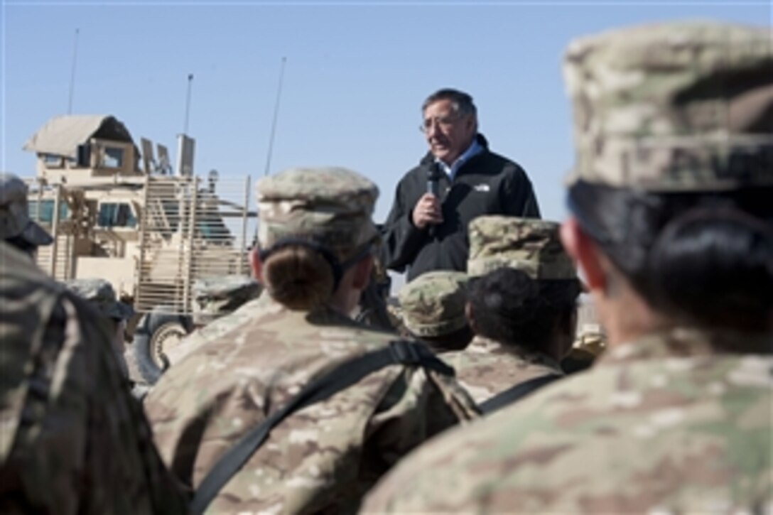 Secretary of Defense Leon E. Panetta speaks to troops with the 172nd Infantry Brigade at forward operation base Sharana, Afghanistan, on Dec. 14, 2011.  