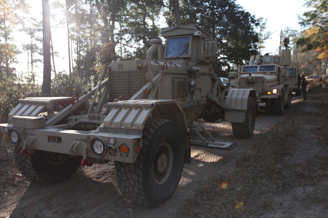 Marines with Company E, 4th Tank Battalion, 4th Marine Division stage their Huskies, Buffalos and Cougars during their route clearance mobile training aboard Marine Corps Base Camp Lejeune, recently. After graduating from this course the Marines will continue to Mojave Viper to fully complete their route-clearance training with a sustainment course, where they’ll be evaluated one last time by instructors before deploying.