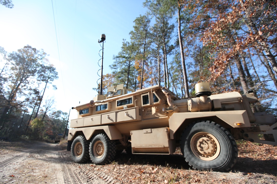 Marine with Company E, 4th Tank Battalion, 4th Marine Division operating a Cougar elevate its’ gyro-cameras to gain a better view of an improvised explosive device during their route clearance mobile training aboard Marine Corps Base Camp Lejeune, recently. The Marines learned about the different types of IEDs they could encounter while deployed, and how to detect and remove them with the vehicles and devices implemented in a route clearance.