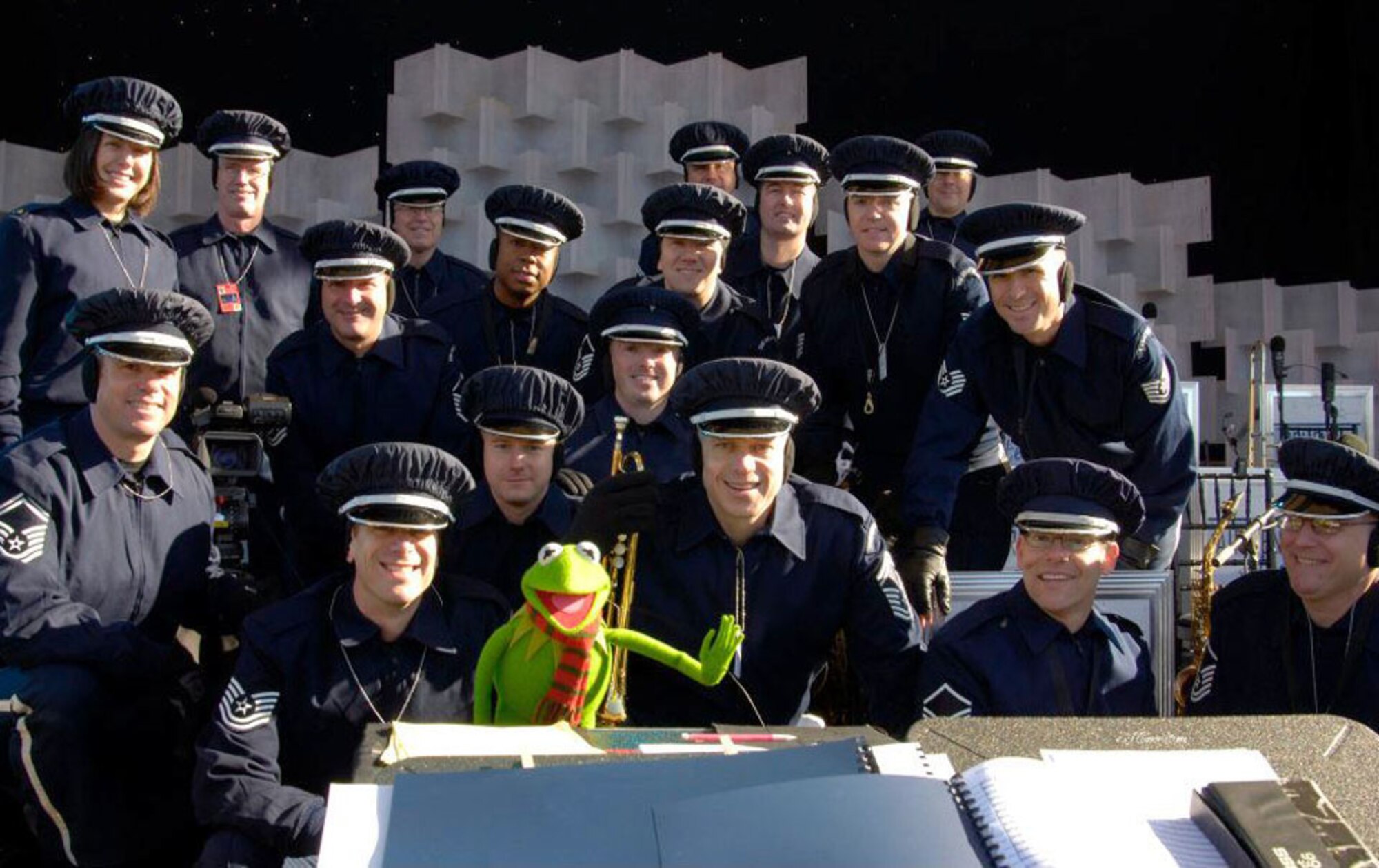 2nd Lt. Shanti Nolan, U.S. Air Force Band officer in charge of outreach, and the Airmen of Note jazz ensemble wait Dec. 1 for the National Tree Lighting Ceremony, Washington, D.C., to begin. Nolan conducted the Note as they played holiday arrangements for the Commander in Chief, thousands of spirited holiday viewers and distinguished ceremony guests such as Rodney Atkins, Carson Daly, One Republic, Santa Claus and the famed Kermit The Frog. (Photo compliments of the Airmen of Note)