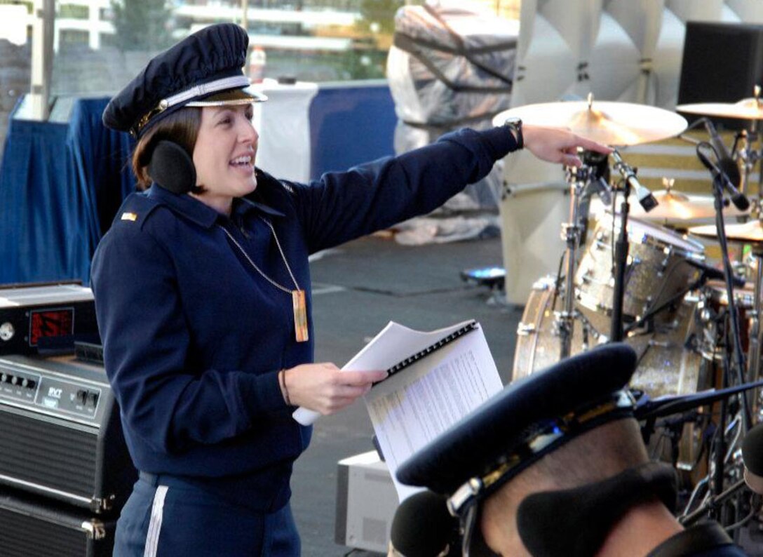 2nd Lt. Shanti Nolan, U.S. Air Force Band officer in charge of outreach, rehearses the Airmen of Note jazz ensemble Dec. 1 for the National Tree Lighting Ceremony, Washington, D.C. Nolan conducted the Note as they played holiday arrangements for the Commander in Chief, thousands of spirited holiday viewers and distinguished ceremony guests such as Rodney Atkins, Carson Daly, One Republic, Santa Claus and the famed Kermit The Frog. (Photo compliments of the Airmen of Note)
